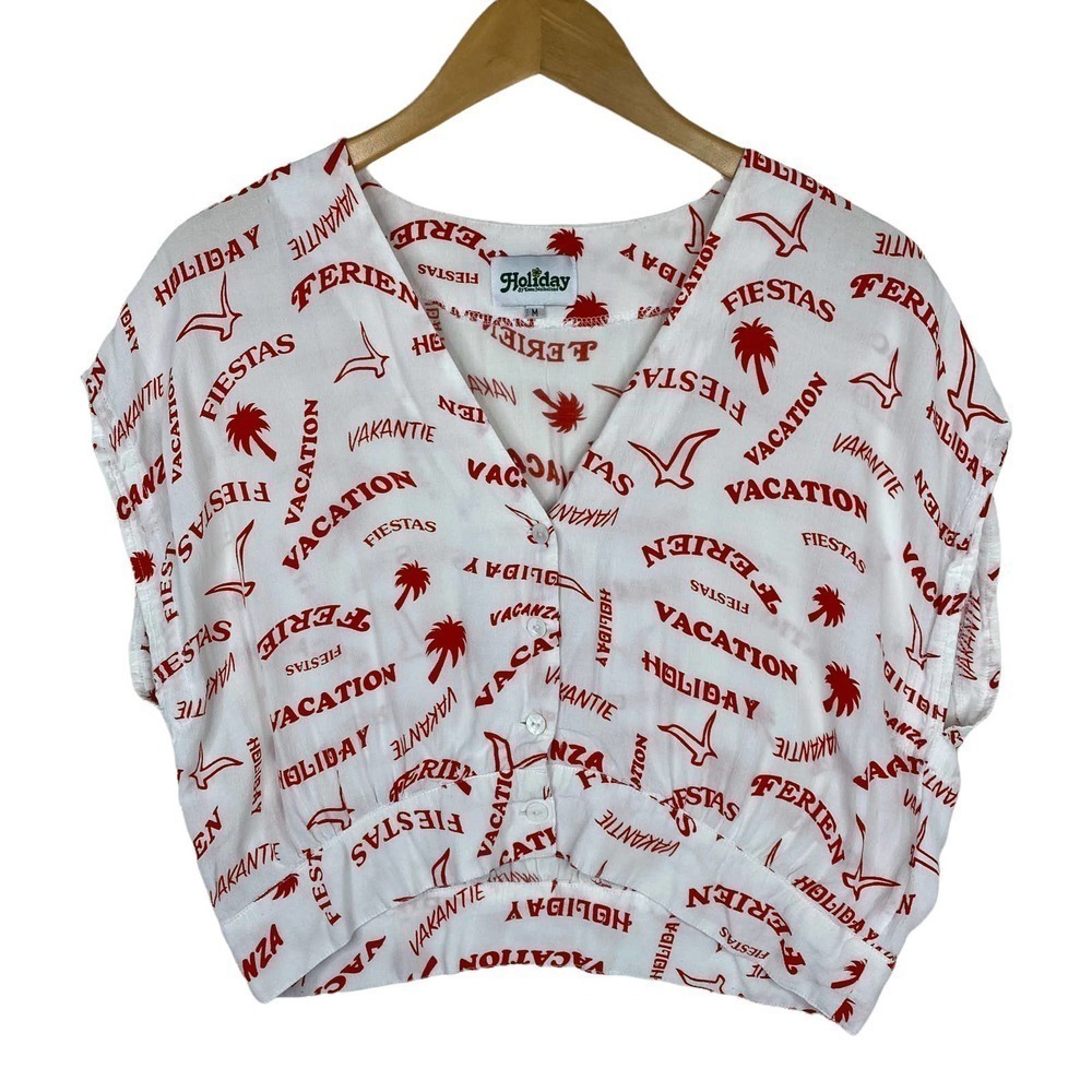 Holiday By Emma Mulholland Layover Button-Down Red & White Cropped Blouse-Medium